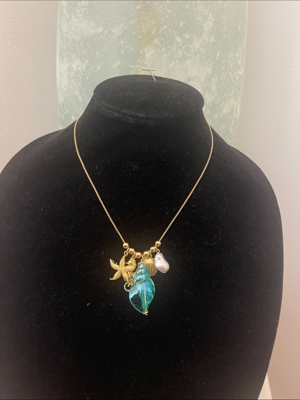 Gold Charm Necklace with Turquoise clear Acrylic Pendant with Sea Charms